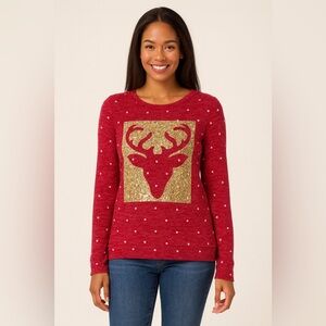 Red Sweater with Gold Reindeer Design